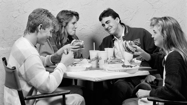 Two Couples in the 1980s Out on a Group Date Eating Burgers Cost of a Date
