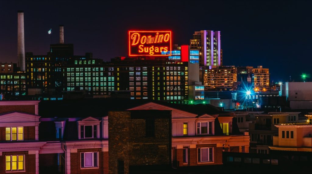 domino sugars neon sign, maryland, iconic state photos
