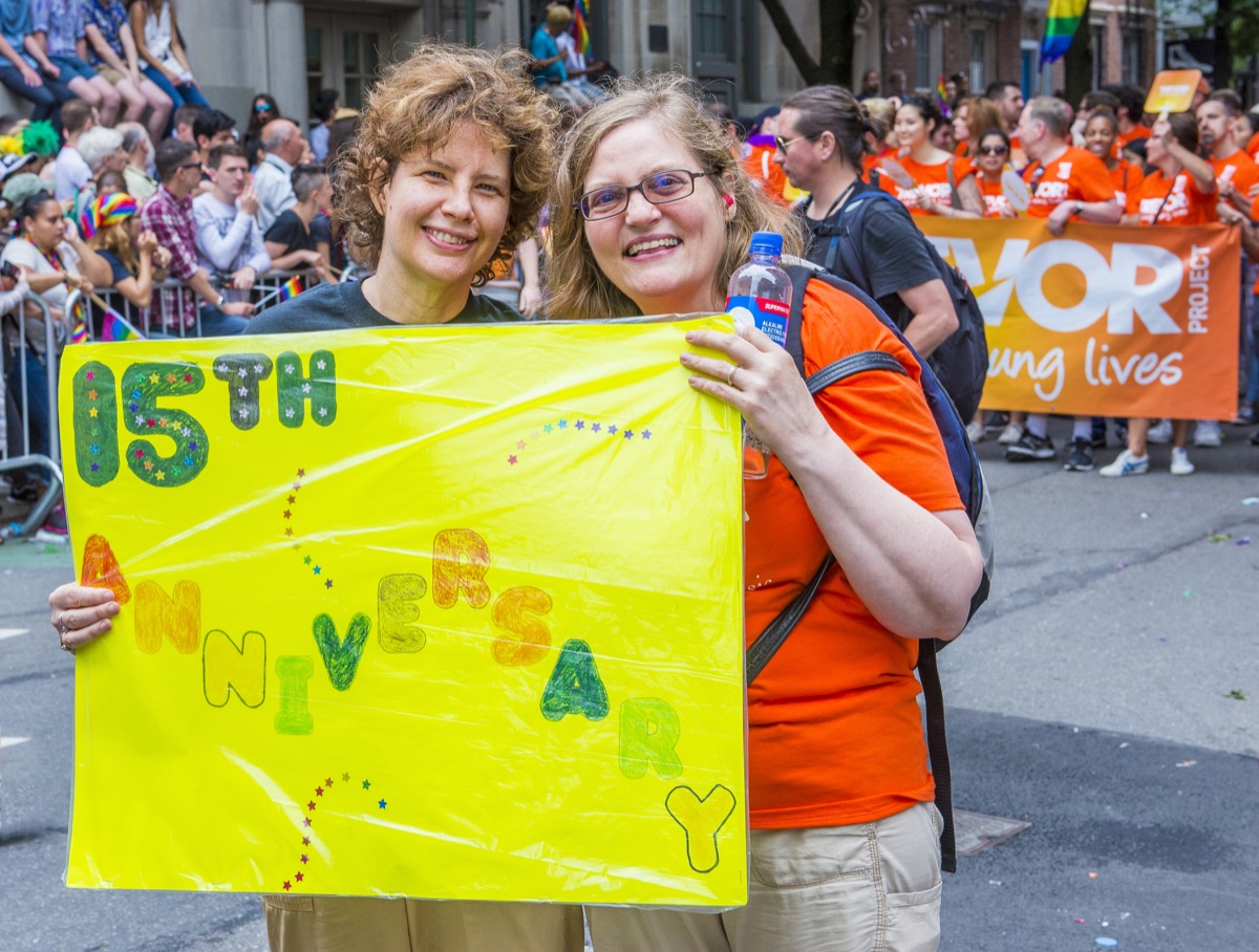 lesbian couple celebrates anniversary at new york city pride parade photos from pride celebrations