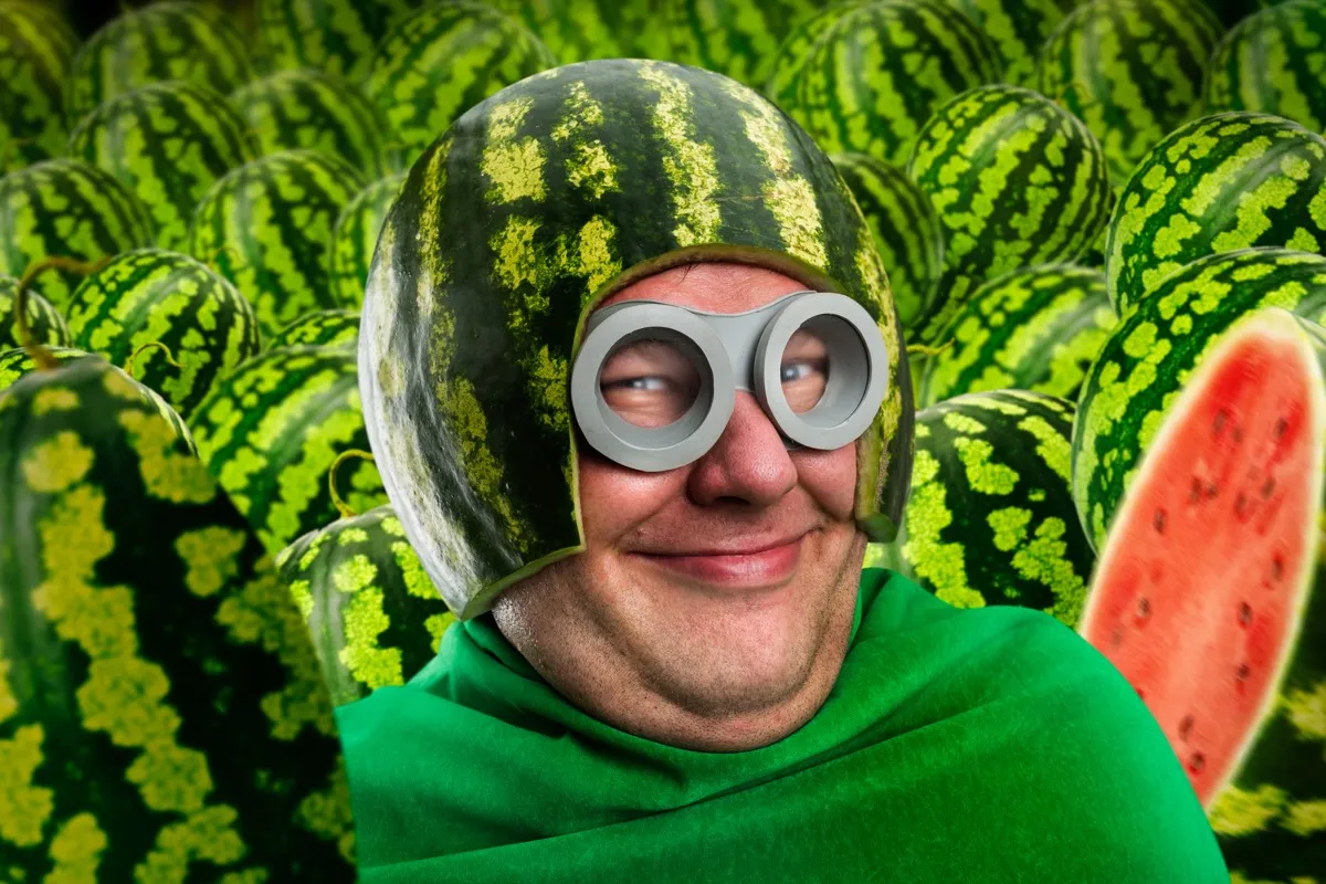 Man Wearing a Watermelon Helmet Funny Stock Photos