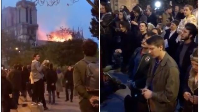 people sing ave maria as notre dame cathedral burns