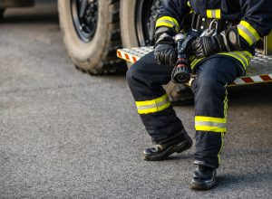 closeup of firefighter sitting
