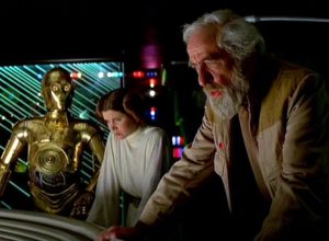 c-3po and Carrie Fisher as Princess Leia in A New Hope