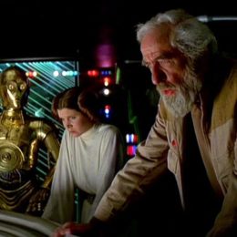 c-3po and Carrie Fisher as Princess Leia in A New Hope