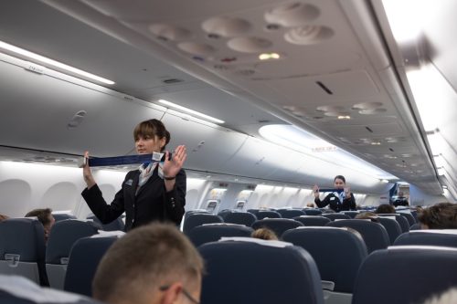 flight attendant displaying safety measures on airplane things that horrify flight attendants