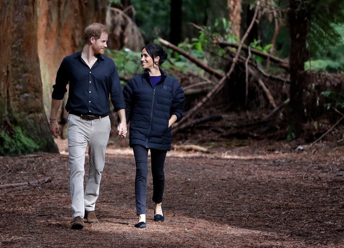 10 in series of 10. File photo dated 31/10/2018 of Harry and Maghan walking through a forest during a visit to Redwoods Tree Walk and Mountain Biking Showcase in Rotorua, New Zealand, on day four of the royal couple's tour of New Zealand.