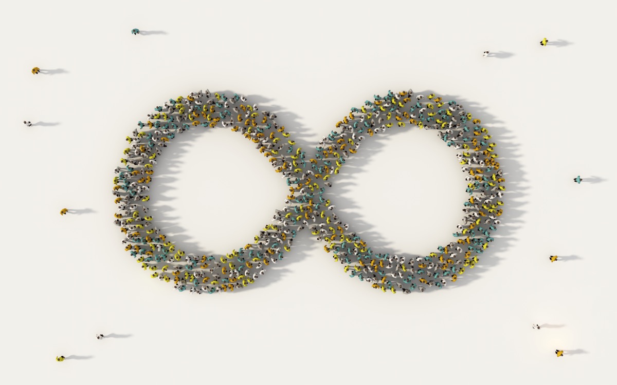 Large group of people forming infinity symbol in social media and community concept on white background. 3d sign of crowd illustration from above gathered together