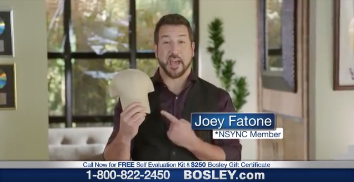 joey fatone holding baseball cap in bosley ad, celebrity infomercial