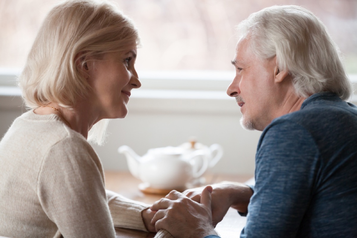 older couple talking over tea, better wife after 40
