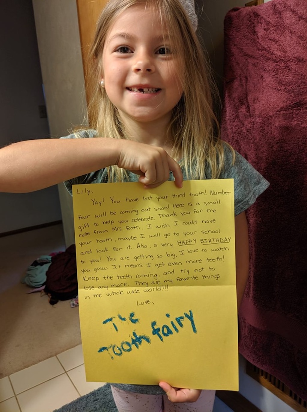 lily loses tooth, mrs. roth pens letter to tooth fairy