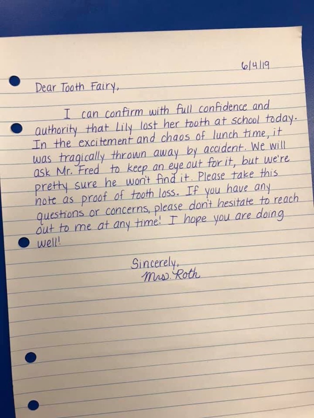 teacher writes letter to tooth fairy, goes viral
