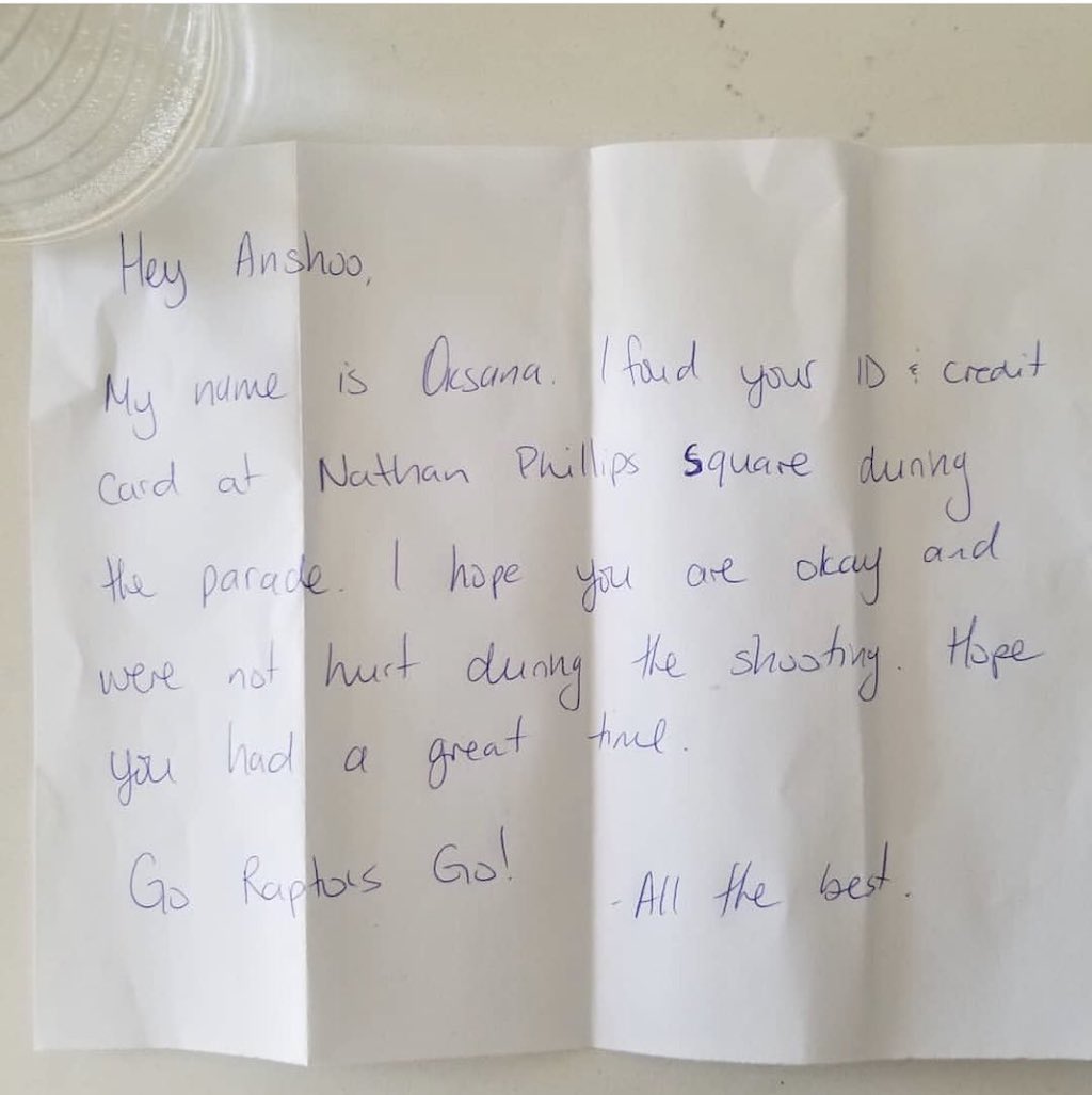 Woman receives kind note along with lost ID and credit card following Toronto shooting