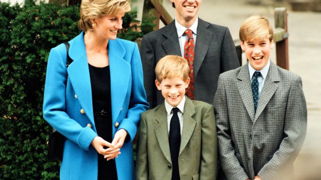 Prince William (right) poses at a photocall with his mother Diana, Princess of Wales and his brother Prince Harry before his first day at Eton College Public School in 1995, surprising prince William fact