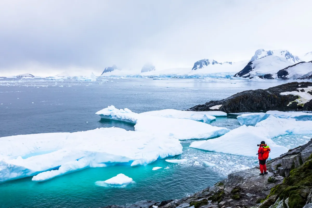 Tourist taking photos of amazing frozen landscape in Antarctica with icebergs, snow, mountains and glaciers, beautiful nature in Antarctic Peninsula with ice (Tourist taking photos of amazing frozen landscape in Antarctica with icebergs, snow, mountai