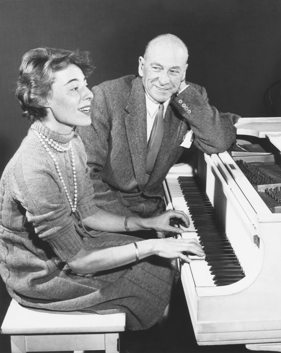 George Francis Abbott, and Mary Rodgers, working on her first full length musical, ONCE UPON A MATTRESS. April 1959. Abbott directed the enduring musical comedy based on Hans Christian Andersen fairy tale, The Princess and the Pea. (CSU_2015_9_1098)