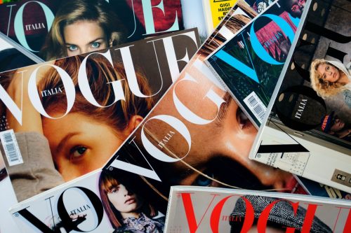 vogue magazine, stack of magazines