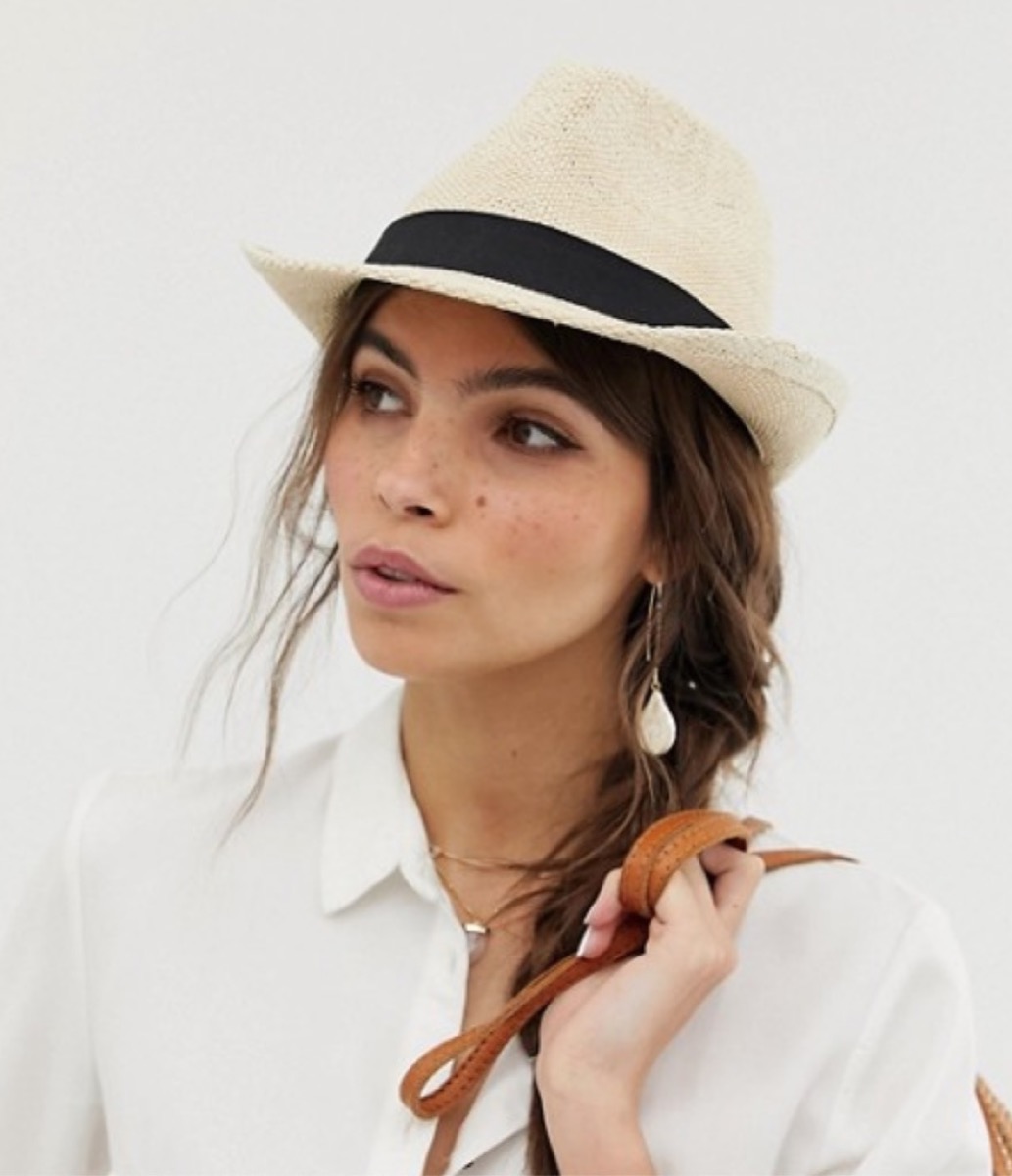 straw trilby with a black bow, cheap summer hats