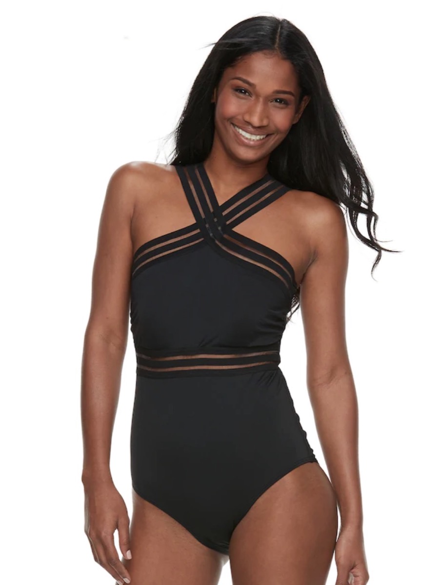 black high neck swimsuit with mesh detail, cheap swimsuits