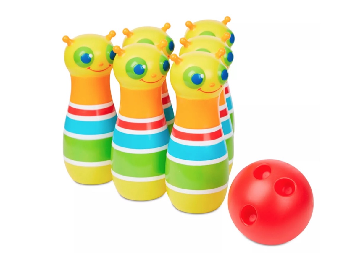 toy bowling pins and red ball, best outdoor toys for toddlers