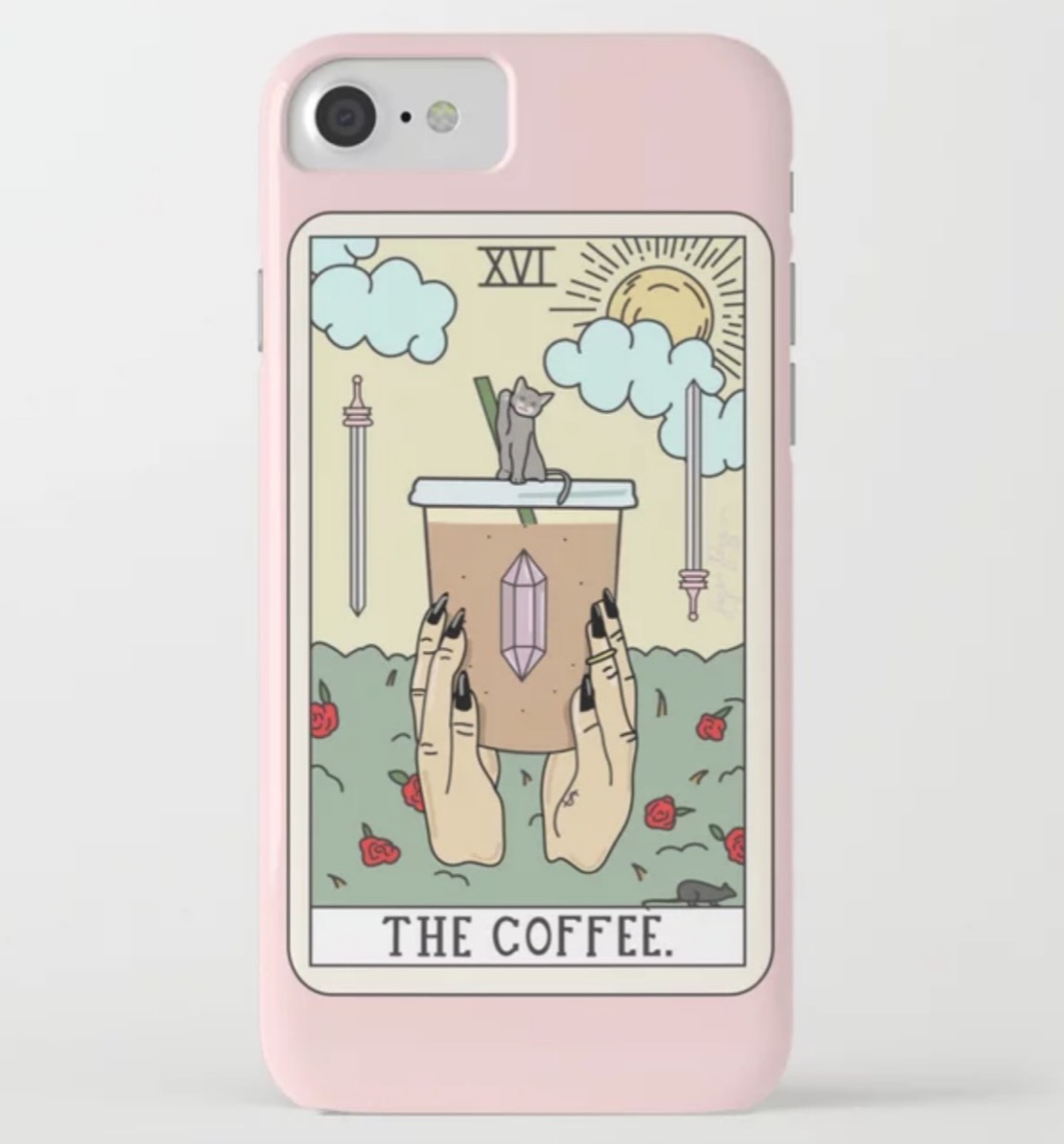 pink iphone case with tarot card illustration, best gifts for coffee lovers