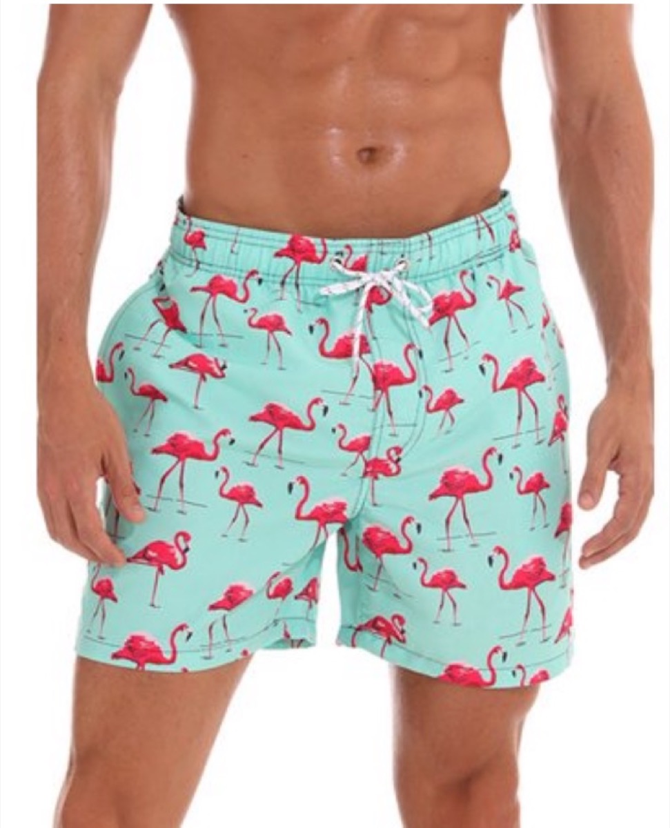 flamingo print swim trunks, cheap swimsuits