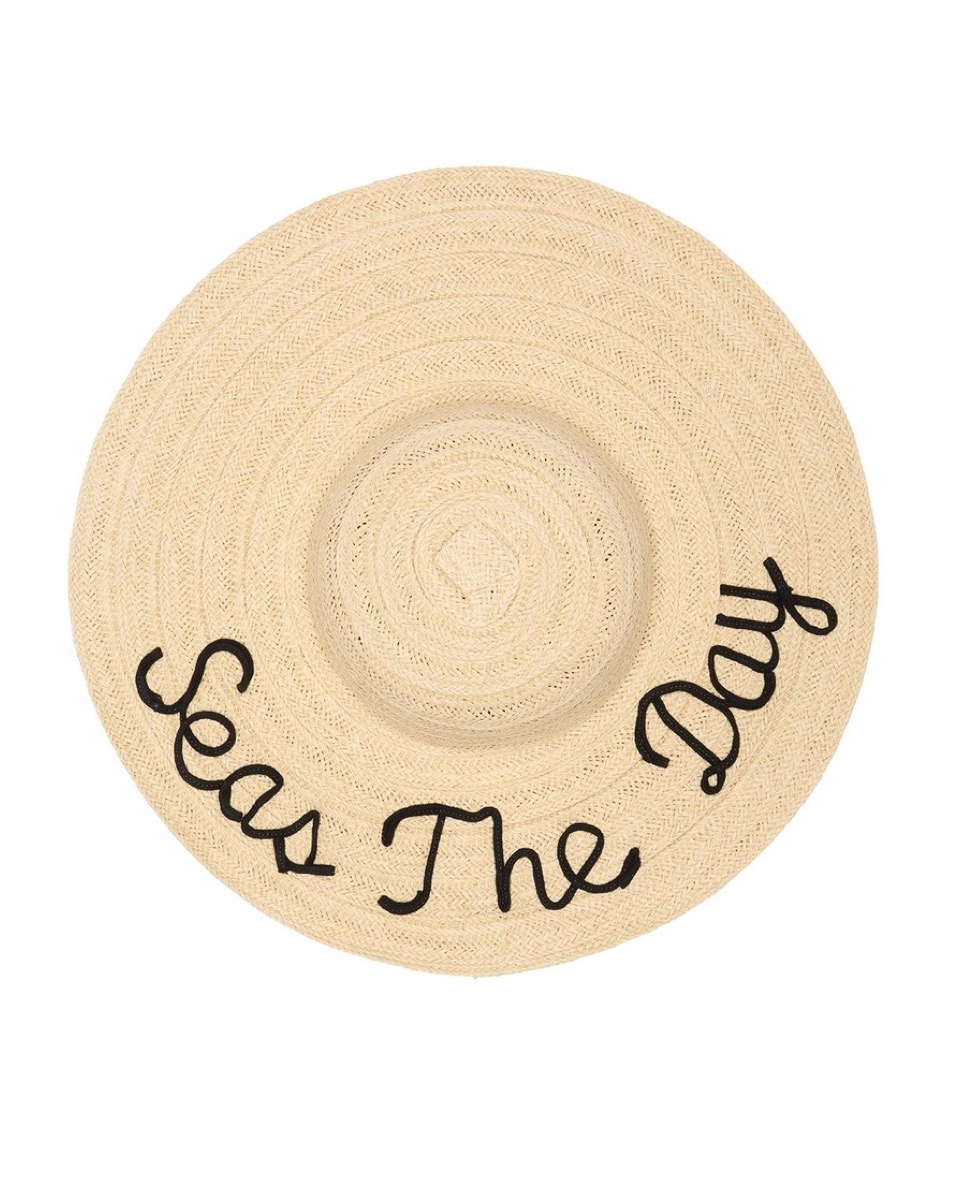 straw hat with "seas the day" on brim, cheap summer hats