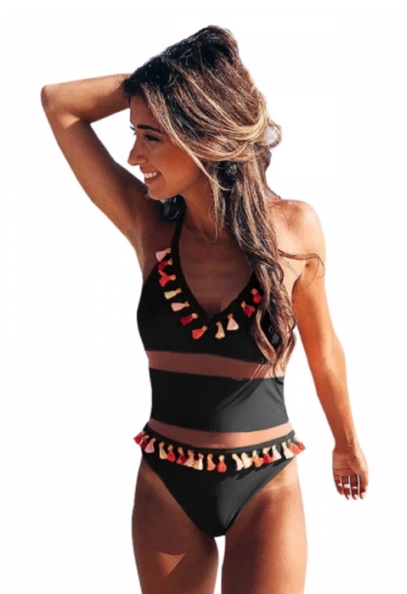 black swimsuit with multicolored tassels, cheap swimsuits