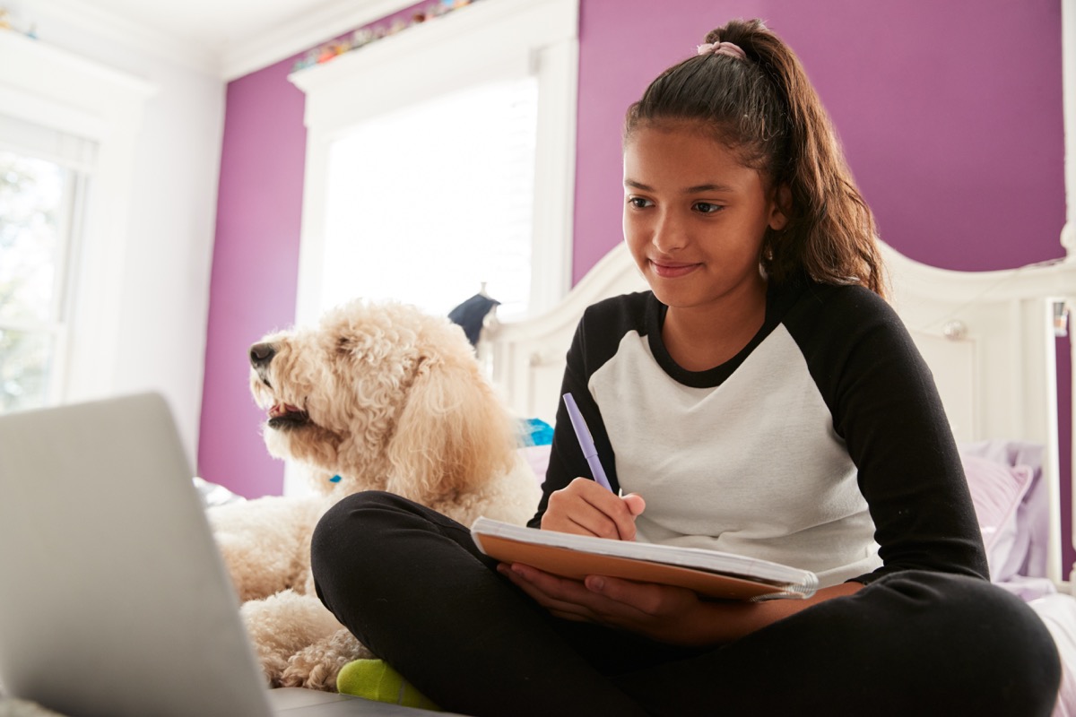Teen doing homework with her cute dog on her laptop ways going back to school is different