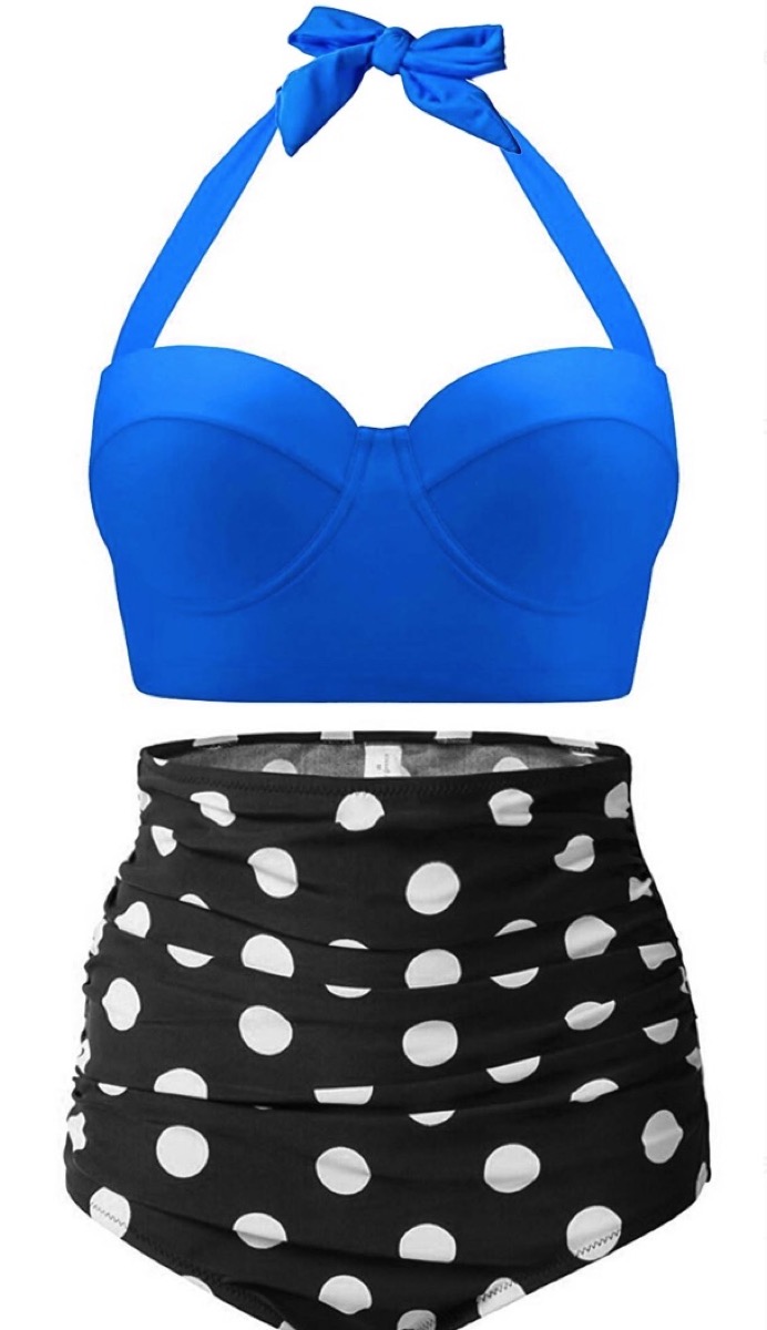 blue top and black and white polka dot swimsuit bottoms, cheap swimsuits
