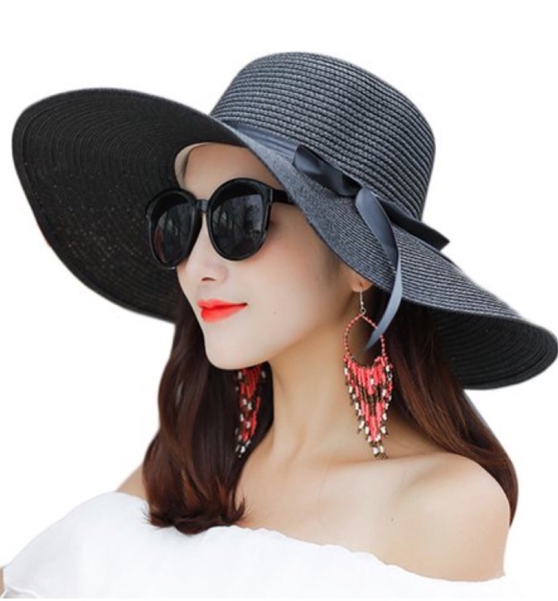 black straw hat with black side bow, cheap summer hats