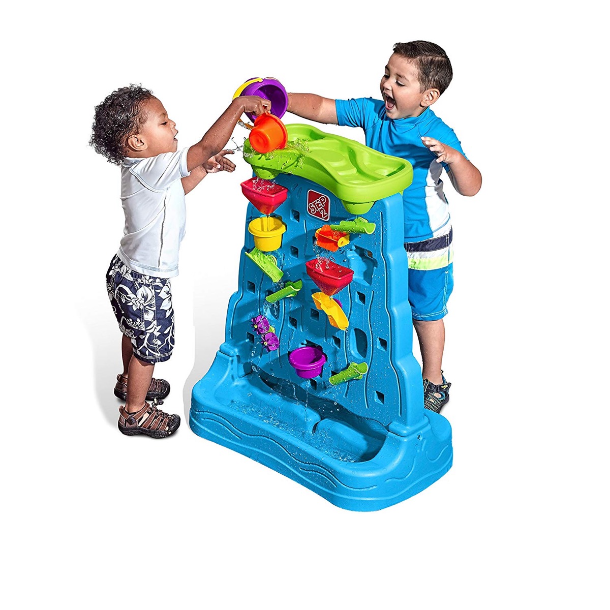 two children playing with a waterfall toy, best outdoor toys for toddlers