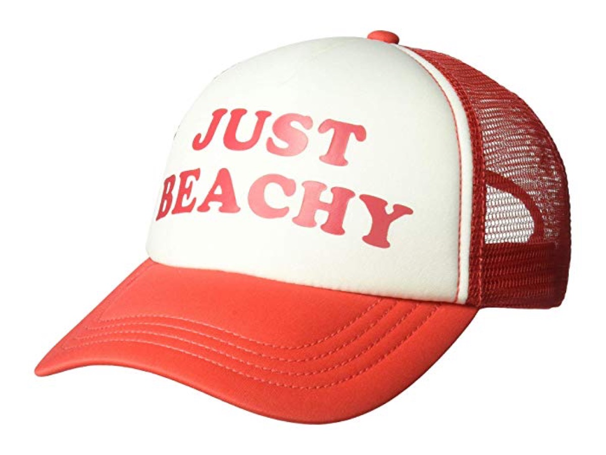 red and white cap with "just beachy" on it, cheap summer hats
