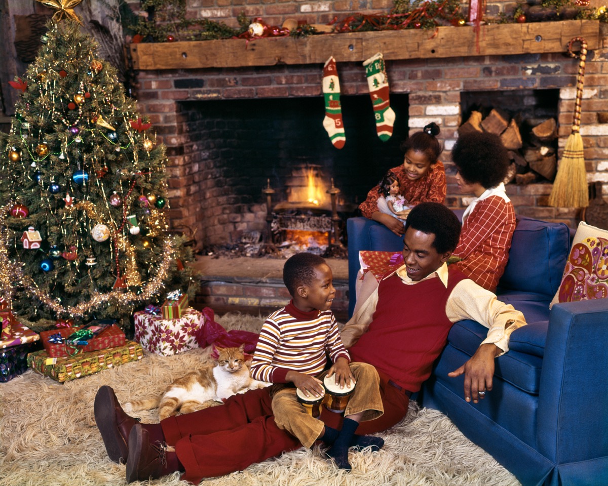 1970s Black Family in Living Room with Shag Carpet at Christmas