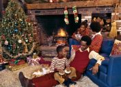 1970s Black Family in Living Room with Shag Carpet at Christmas