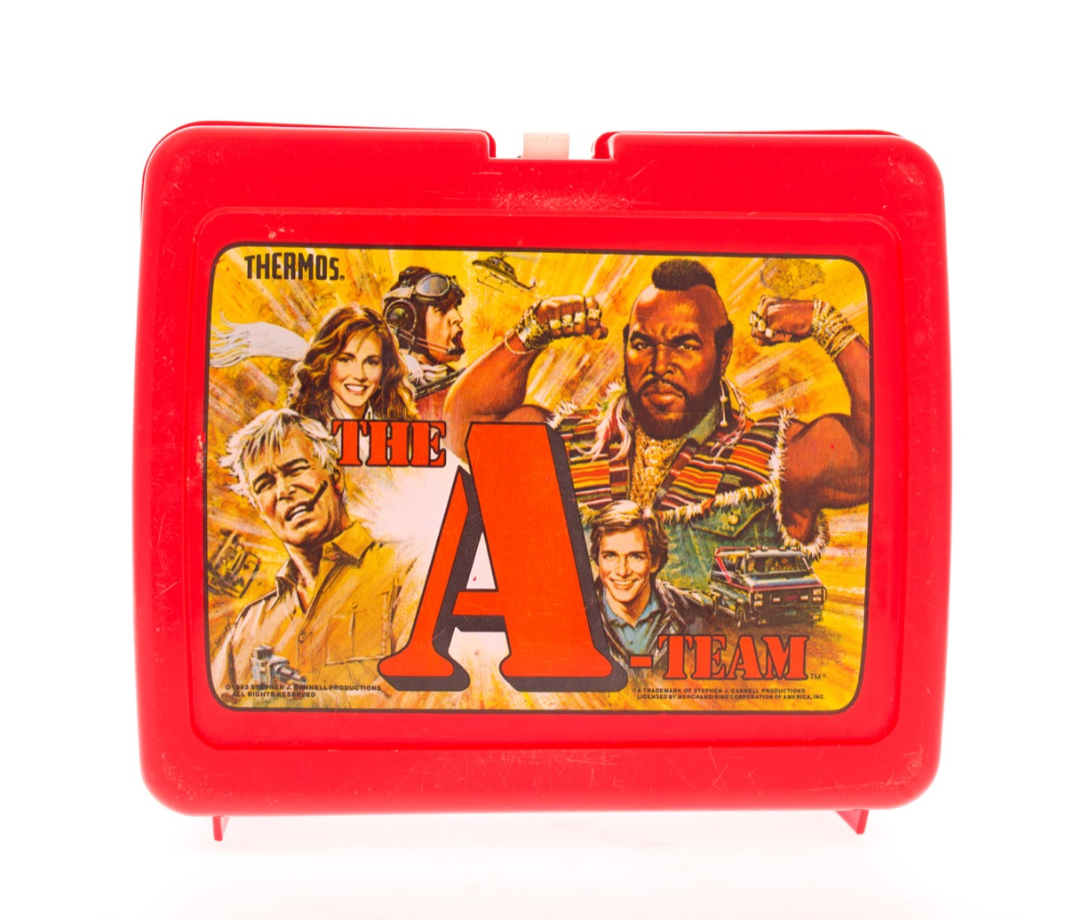 a lunch box from the 1980s featuring the a team and mr t, who pitied the fool
