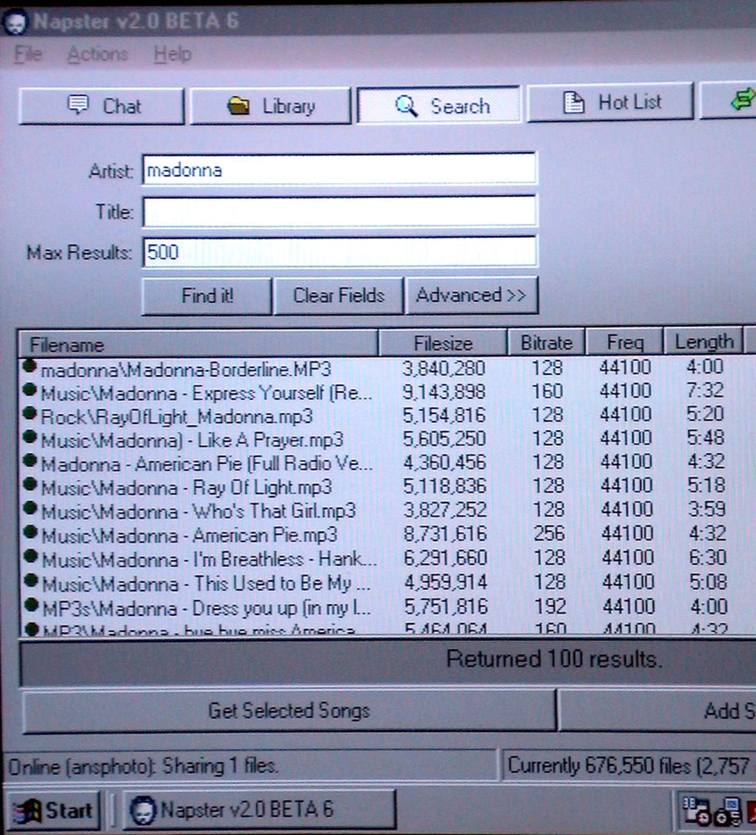 Screenshot of Napster shows Madonna music downloads