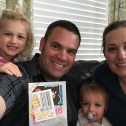 Scott Amos, who found 1980s video game Kid Icarus, with children and wife