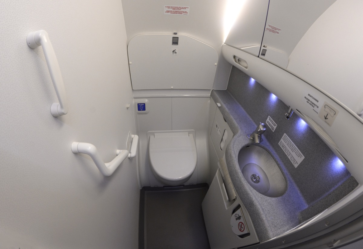 a bathroom in a boeing 737 airplane