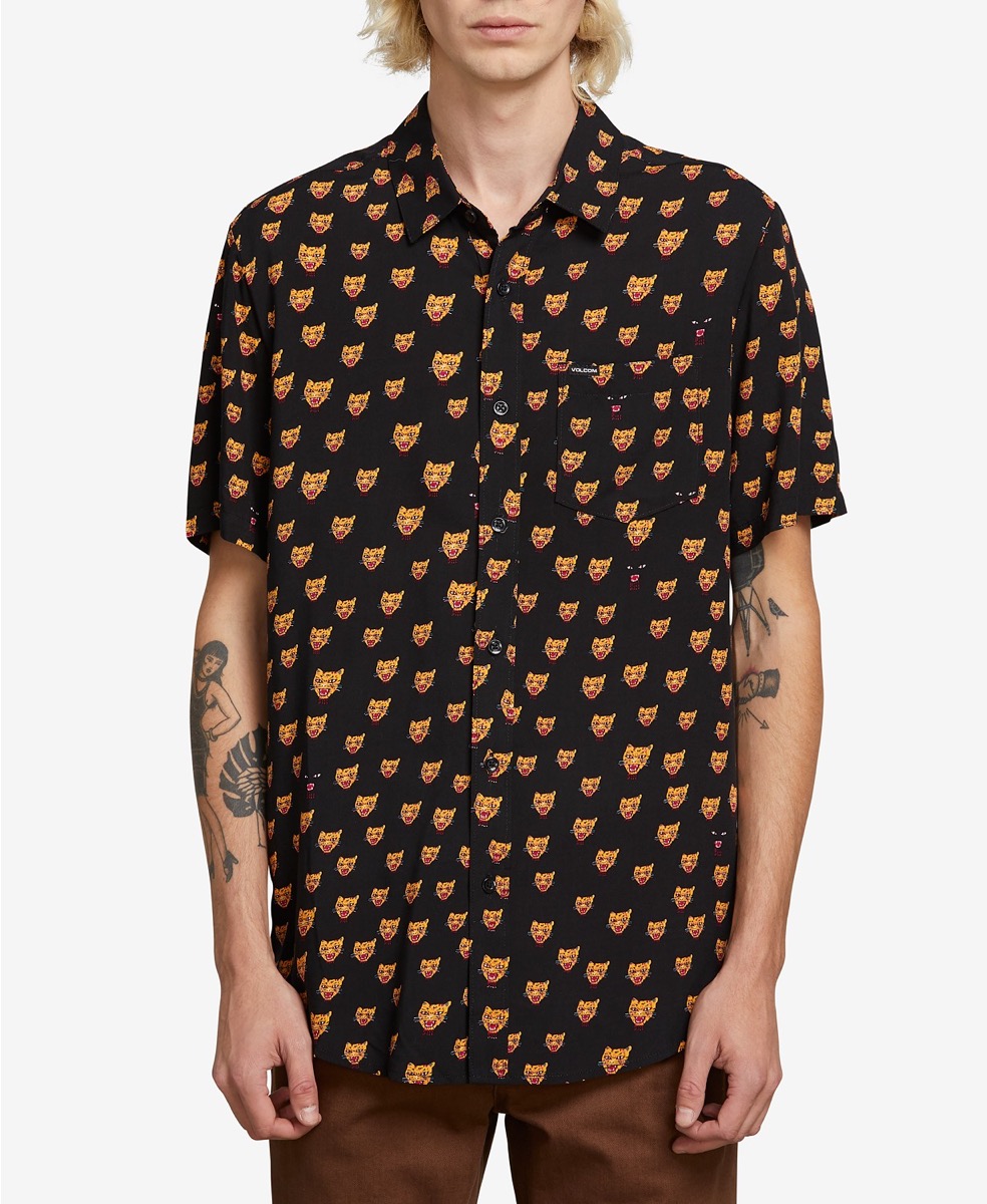 black button down shirts with orange cats on it, cat gifts