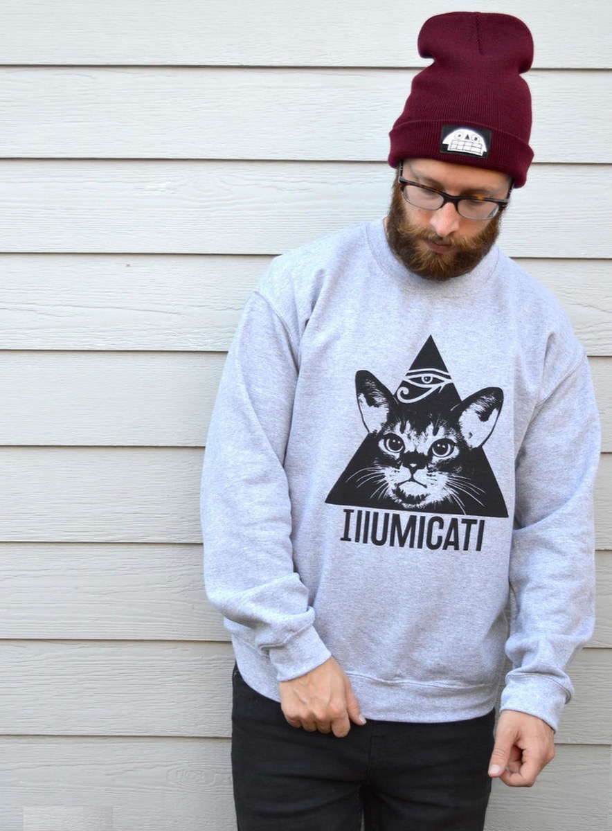 gray sweatshirt with cat in triangle, cat gifts