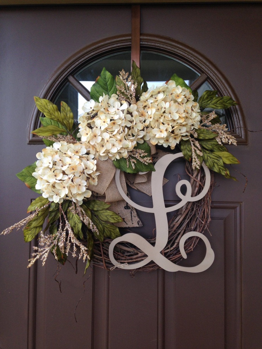 white flowers and letter L cutout on brown door, best gifts for grandparents
