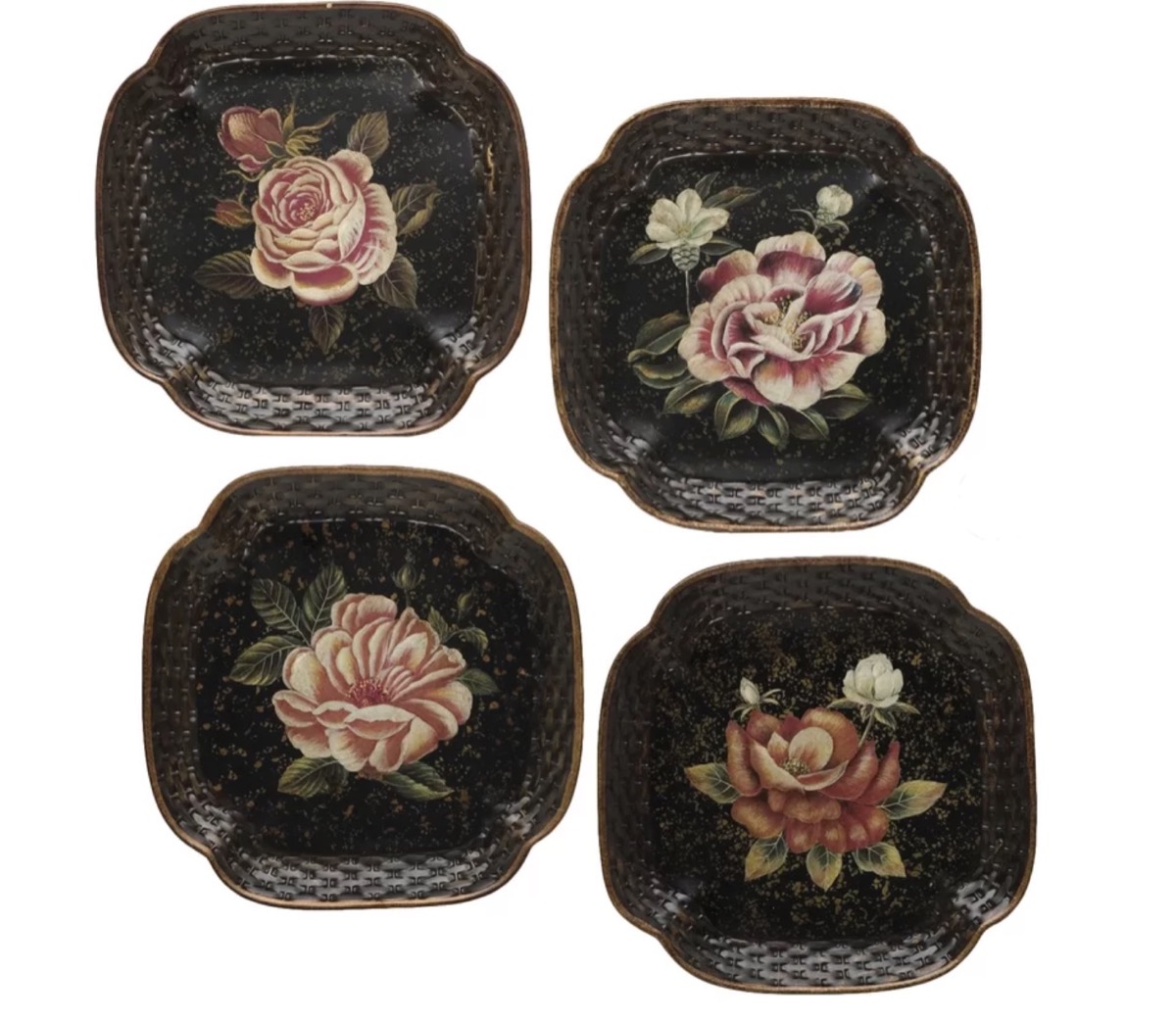 black plates with roses on them, old fashioned home items