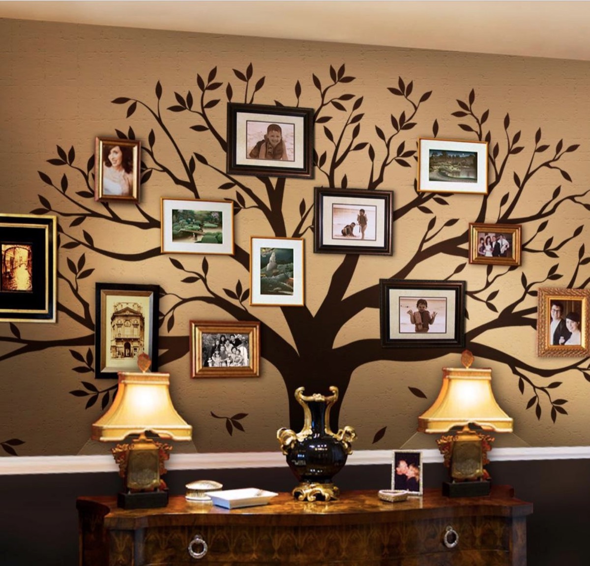 living room scene with large tree decal on wall with frames on it, best gifts for grandparents