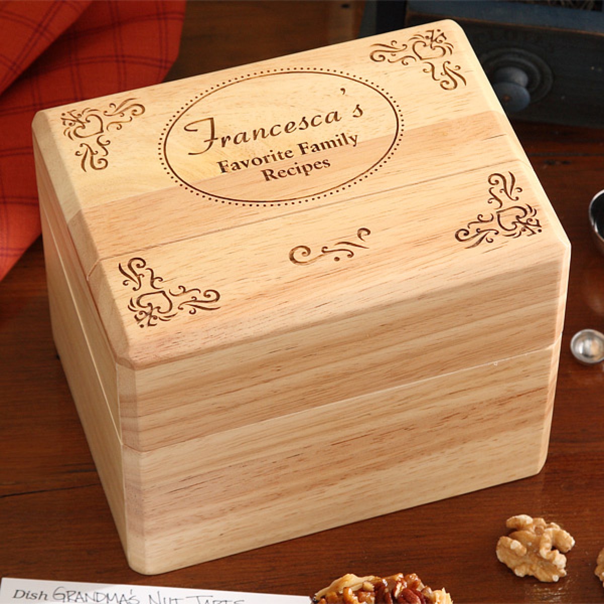 wooden box with "francesca's favorite family recipes" on it, best gifts for grandparents