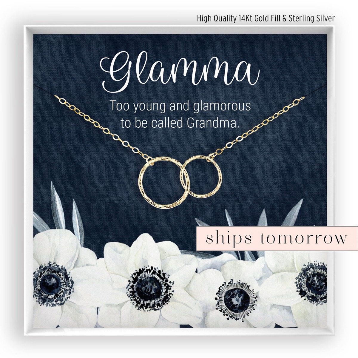 two interlocking rings on a blue background with the world "glamma," best gifts for grandparents