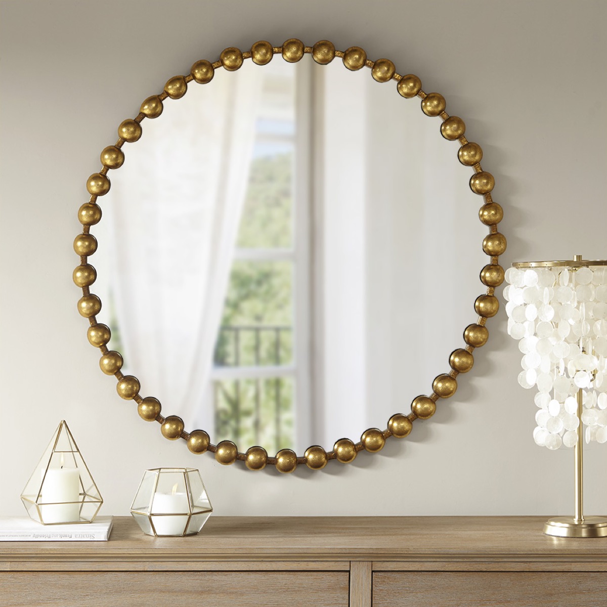 beaded gold mirror, old fashioned home items