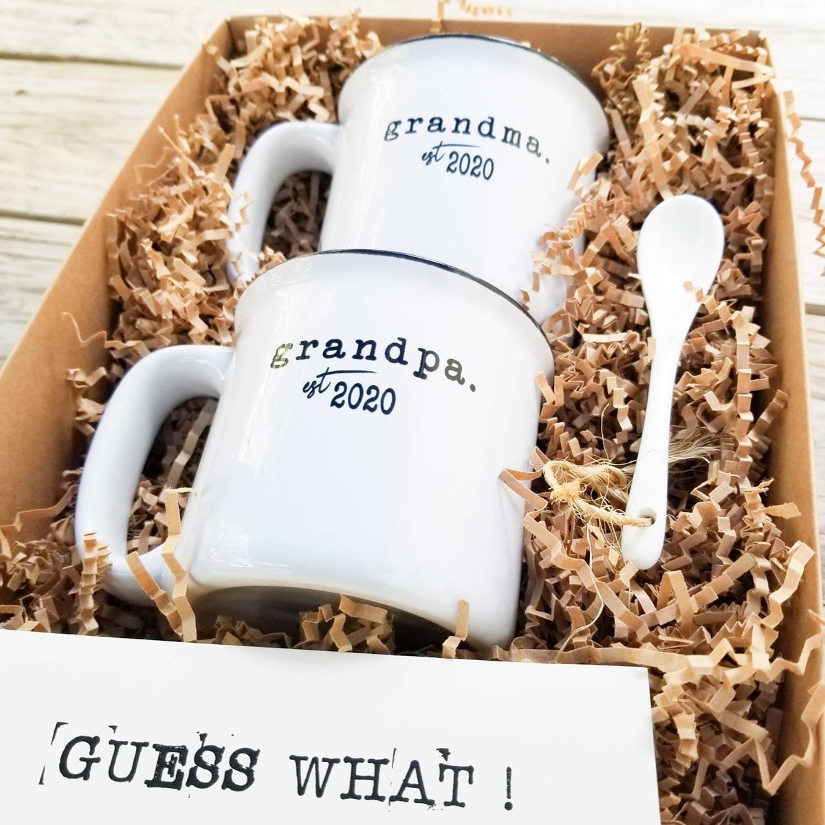 two white mugs with black text in a brown box, best gifts for grandparents