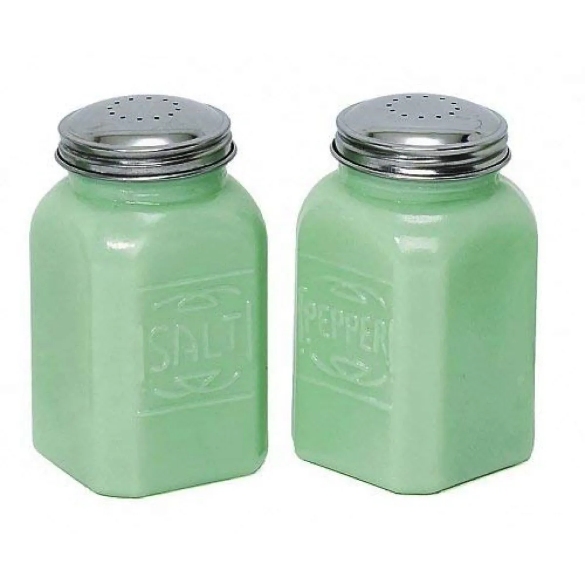 green salt and pepper shakers, old fashioned home items