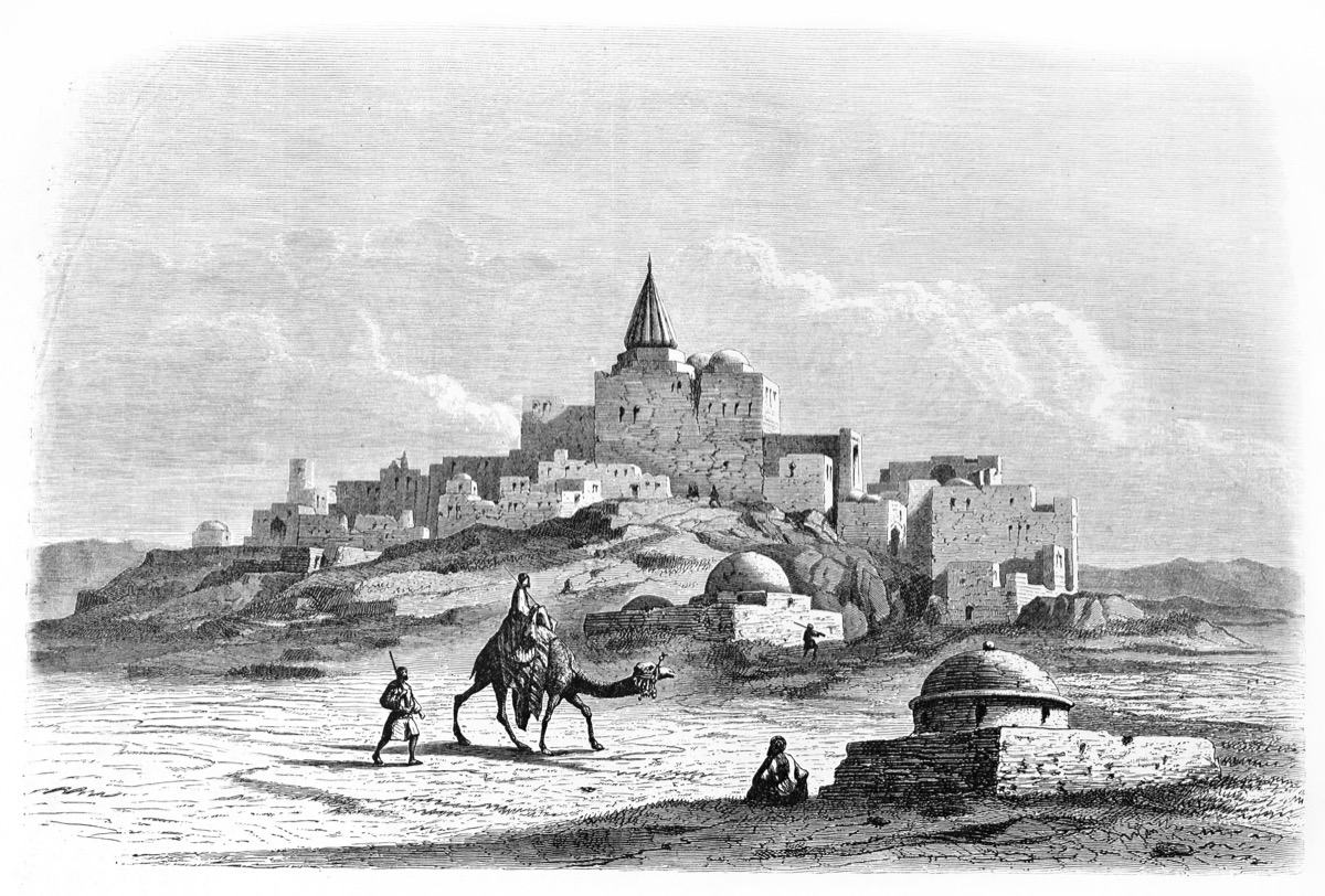 JMA34J Old view of Jonah's tomb at Nineveh (destroyed by ISIS in 2014). Created by Flandin, published on Le Tour du Monde, Paris, 1861
