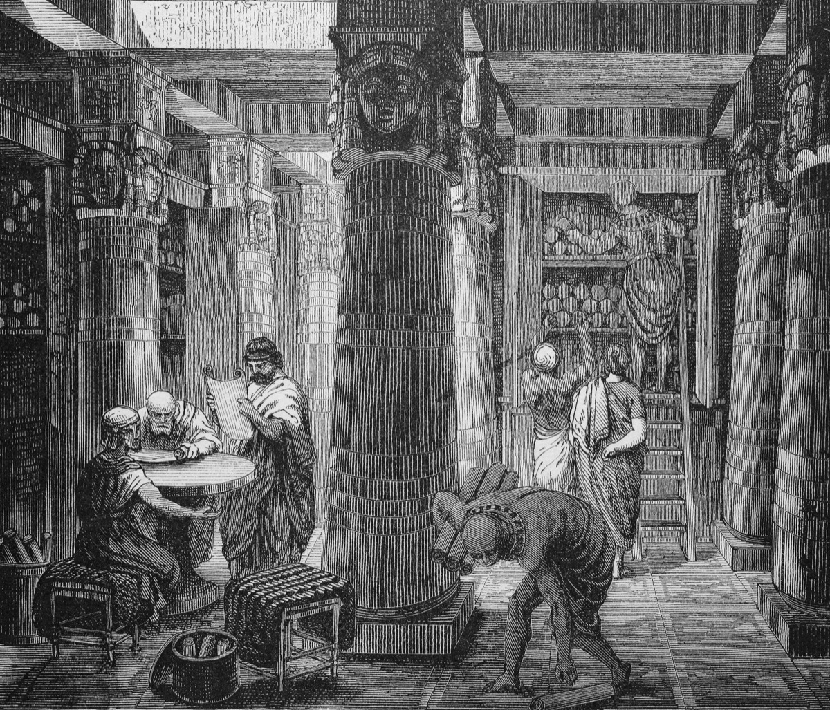 D771KB In the library of Alexandria, Egypt, historical woodcut, circa 1870